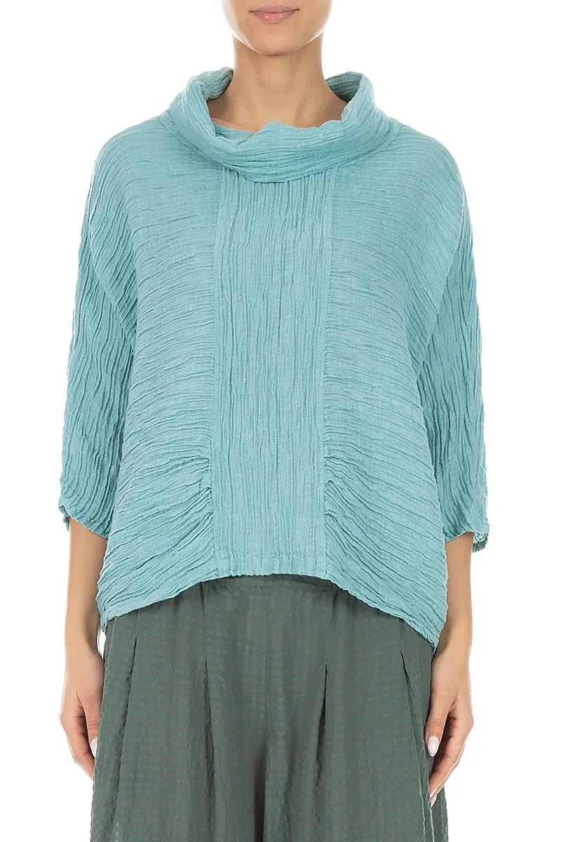 Cowl Neck Crinkled Mint Silk Blouse 1