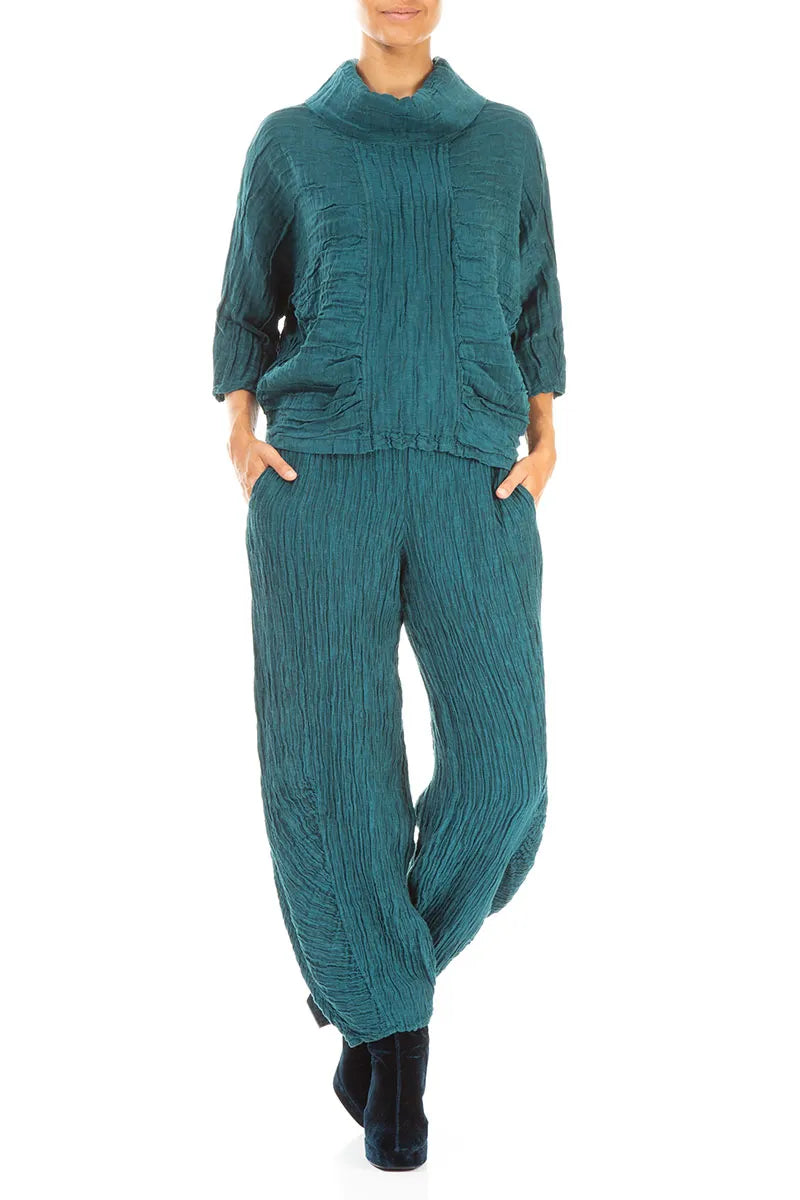 Cowl Neck Crinkled Peacock Silk Blouse 4