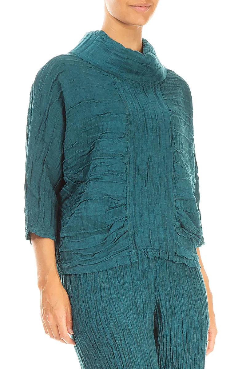 Cowl Neck Crinkled Peacock Silk Blouse 3
