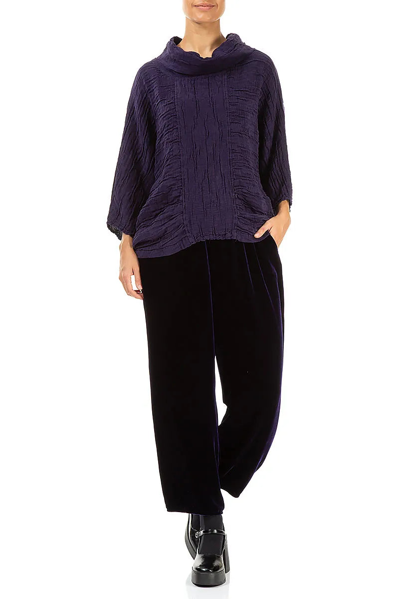 Cowl Neck Crinkled Royal Purple Silk Blouse 4