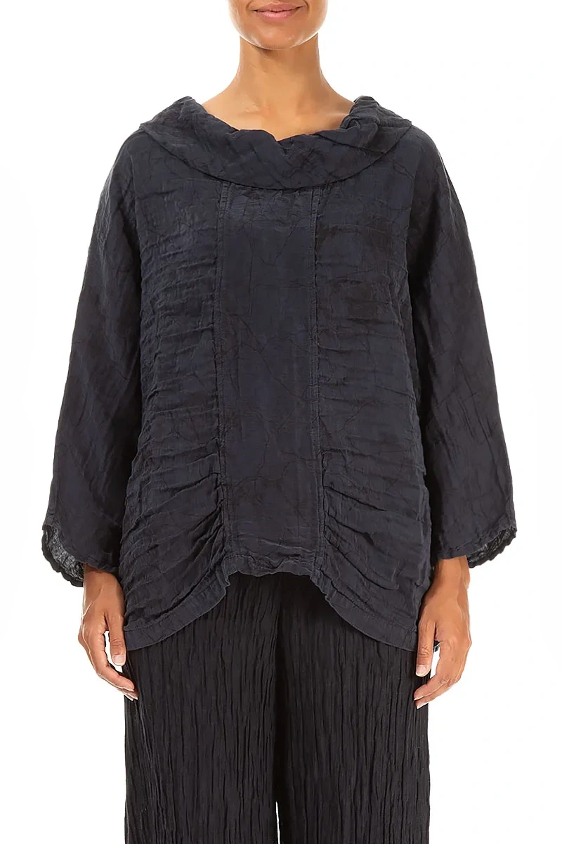 Cowl Neck Crinkled Slate Blue Marble Silk Blouse 1