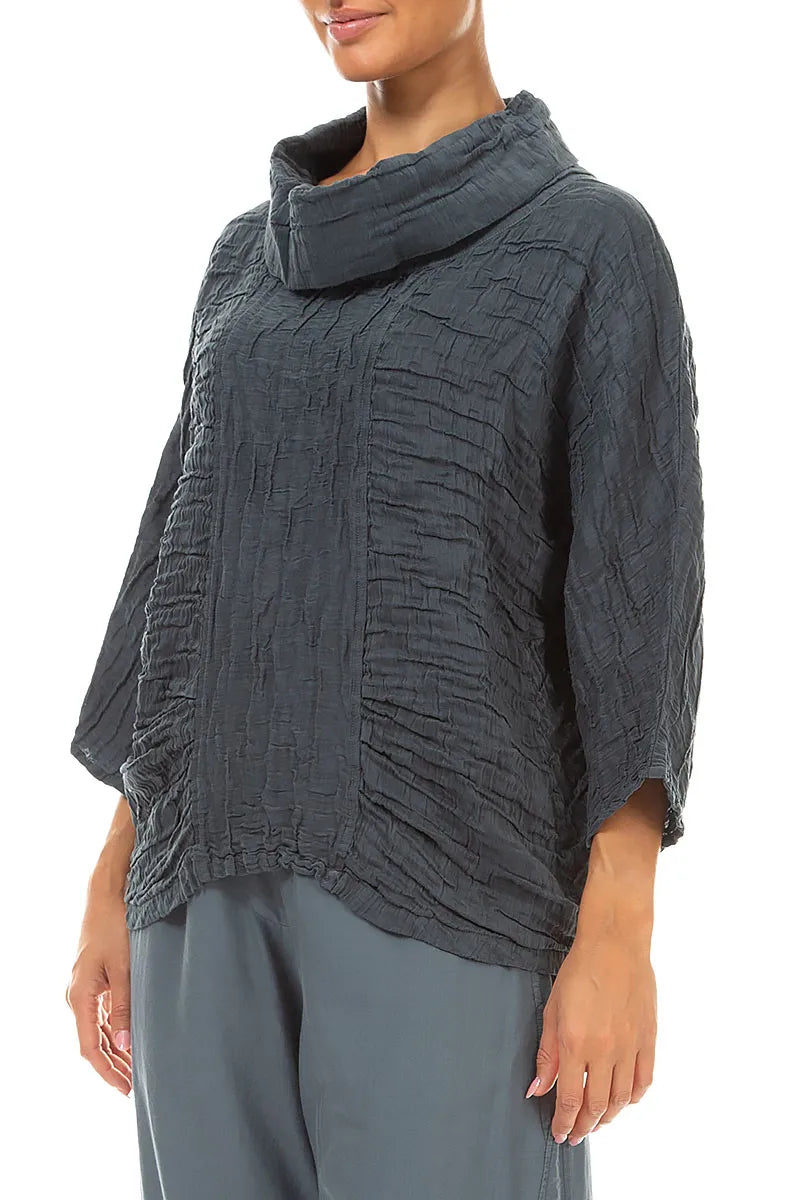 Cowl Neck Crinkled Slate Silk Linen Blouse