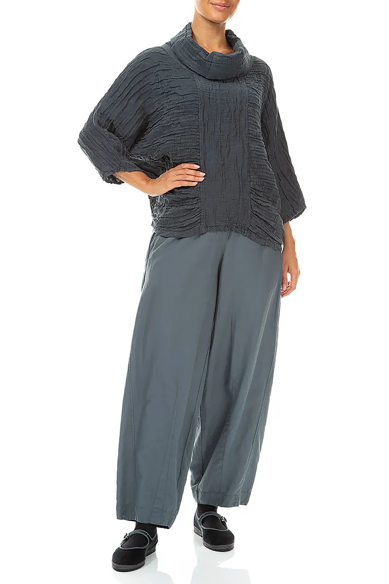 Cowl Neck Crinkled Slate Silk Linen Blouse