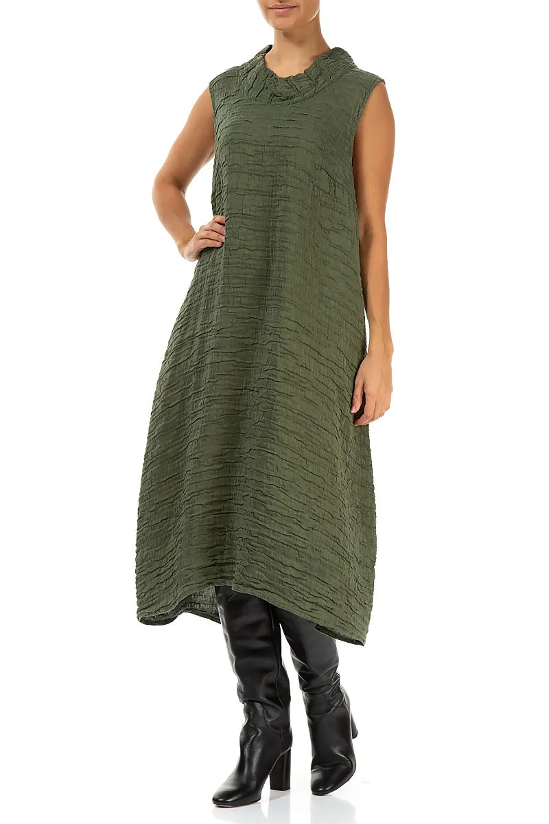 Cowl Neck Forest Mist Crinkled Silk Linen Dress 4