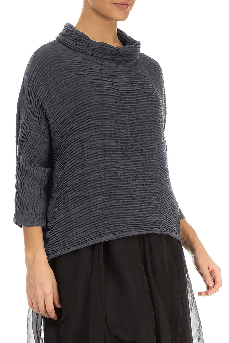 Cowl Neck Graphite Blue Plissé Silk Blouse 3