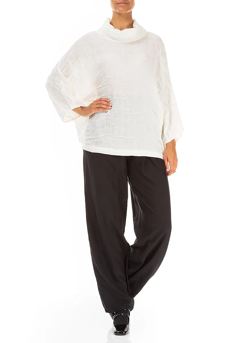 Cowl Neck Off White Circle Silk Linen Blouse