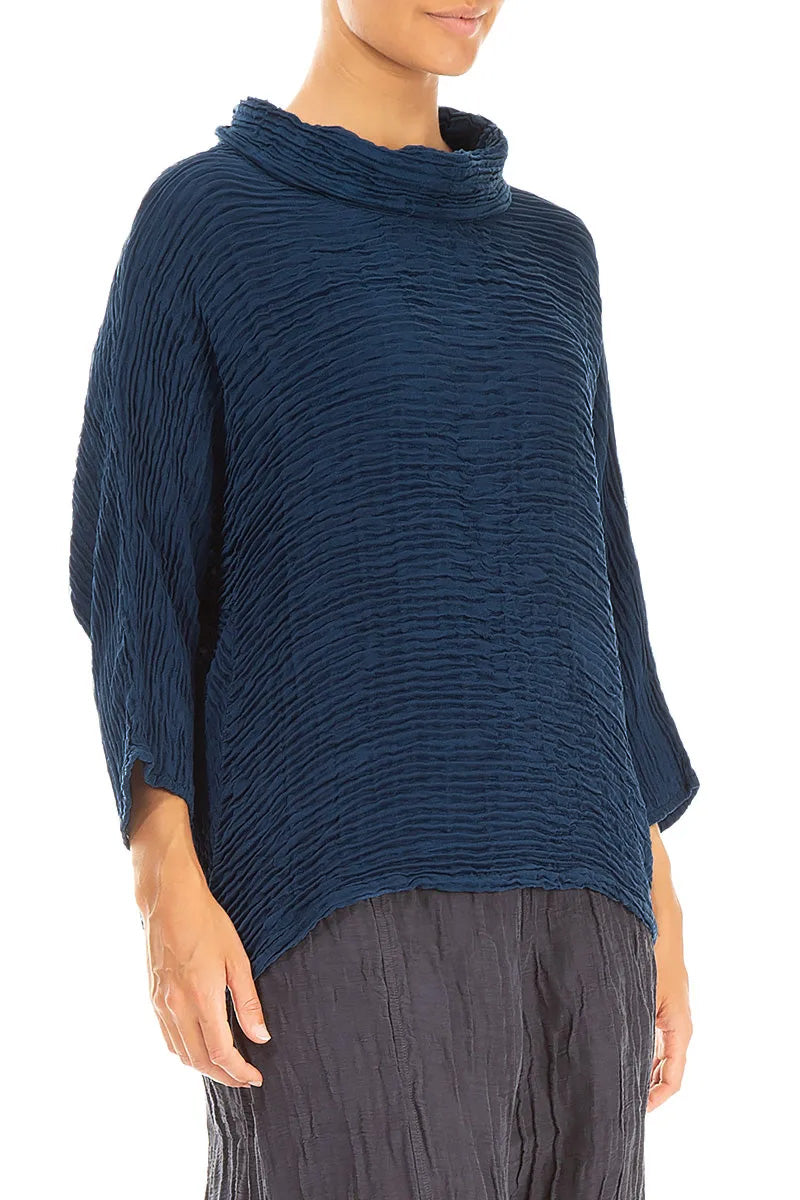 Cowl Neck Royal Blue Plissé Silk Blouse 3