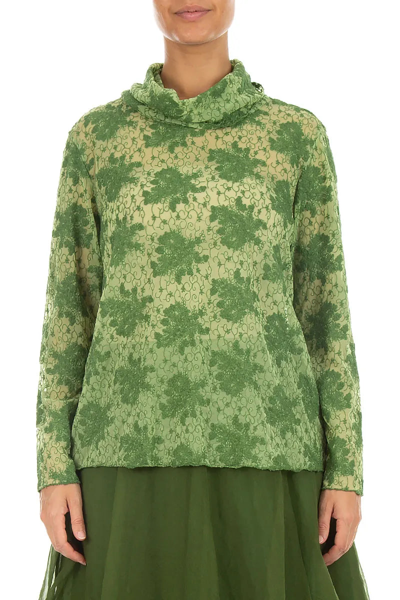Cowl Neck Shamrock Green Floral Cotton Lace Blouse