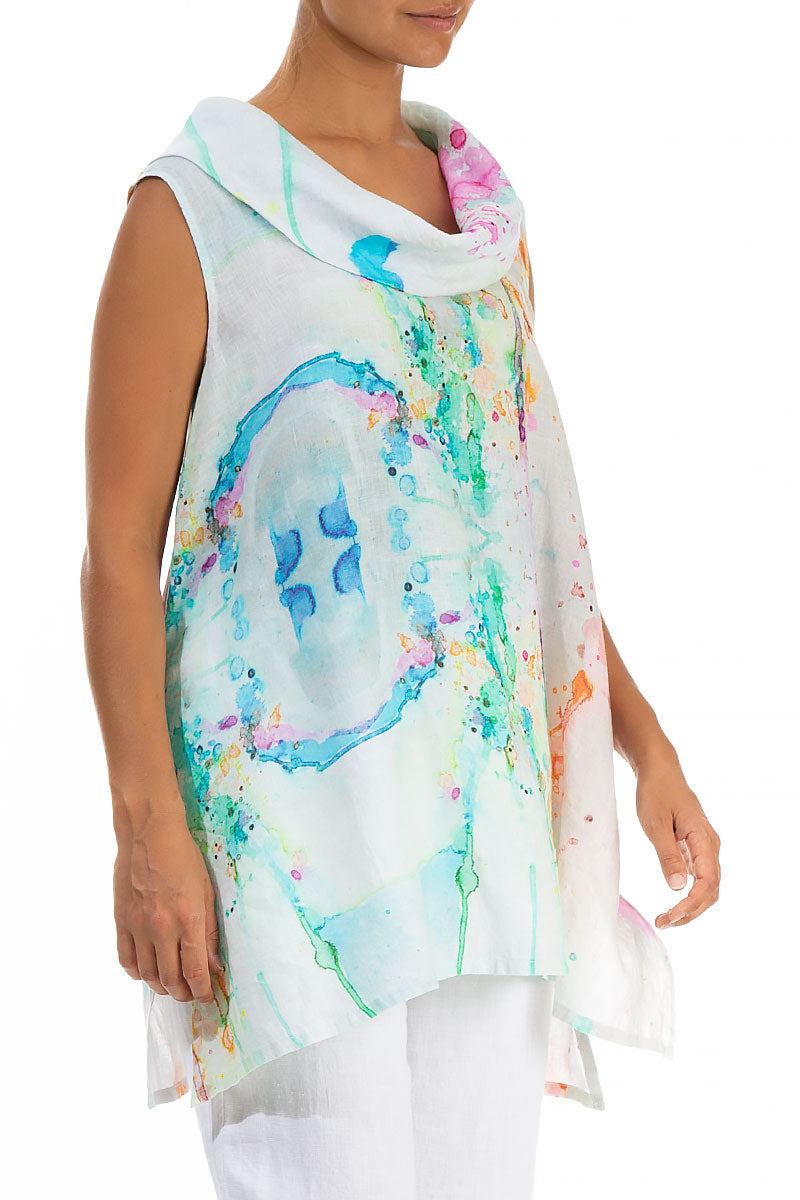Cowl Neck Sleeveless Artful Splash Linen Tunic 3