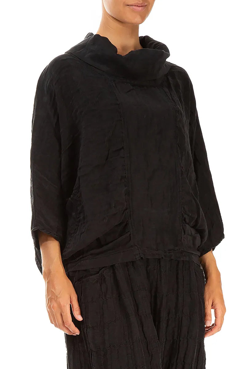 Cowl Neck Textured Black Silk Linen Blouse 3