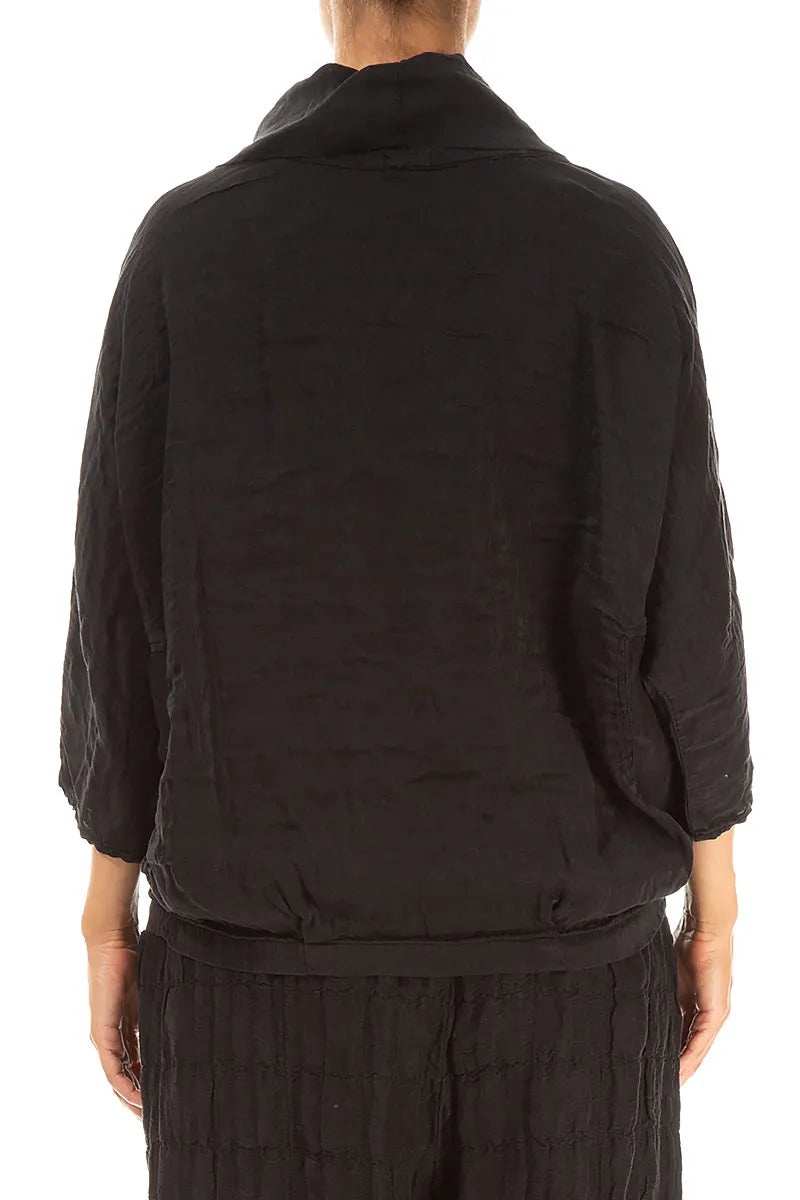 Cowl Neck Textured Black Silk Linen Blouse 2