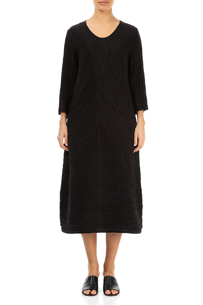Crinkled Black Silk Linen Midi Dress