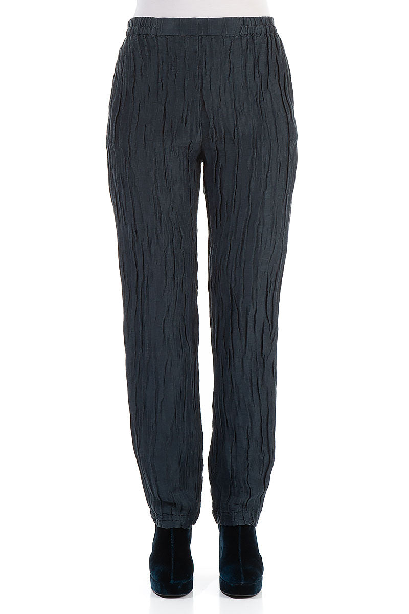 Crinkled Navy Silk Linen Trousers 1