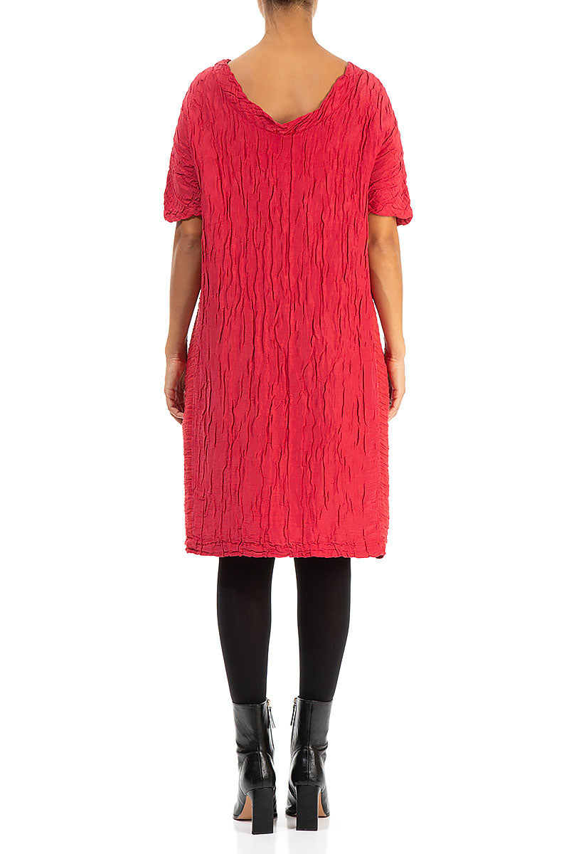 Crinkled Red Silk Linen Midi Dress