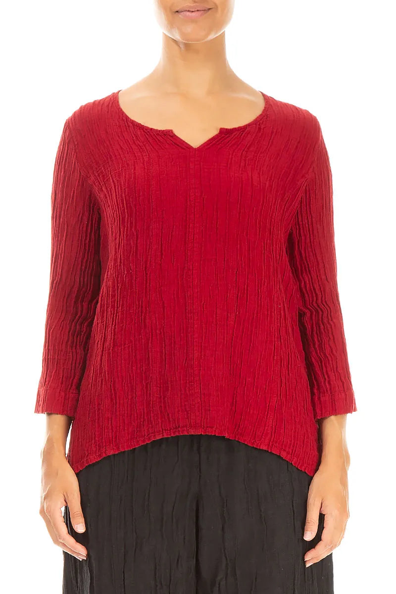 Cropped Sleeves Sweetheart Neck Crinkled Cherry Red Silk Blouse 1