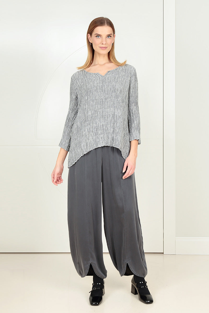 Cropped Sleeves Sweetheart Neck Crinkled Silver Silk Blouse 6