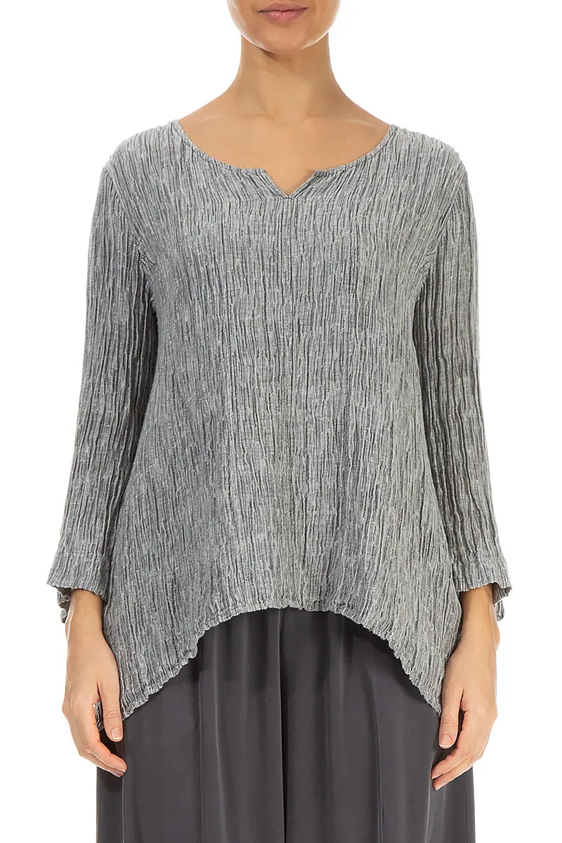 Cropped Sleeves Sweetheart Neck Crinkled Silver Silk Blouse 1