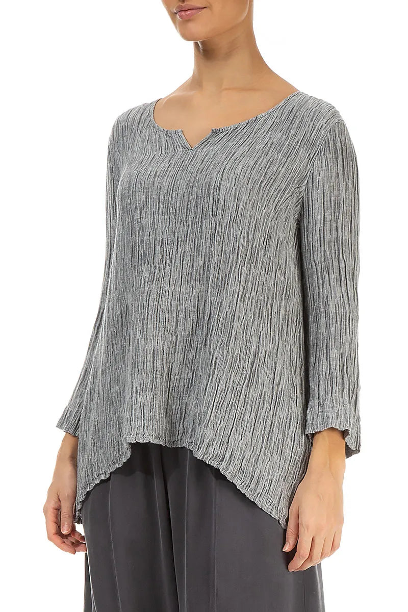 Cropped Sleeves Sweetheart Neck Crinkled Silver Silk Blouse 3