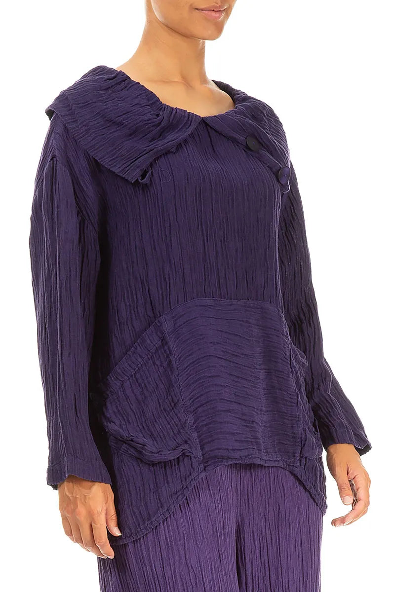 Decorative Collar Royal Purple Crinkled Silk Blouse 3