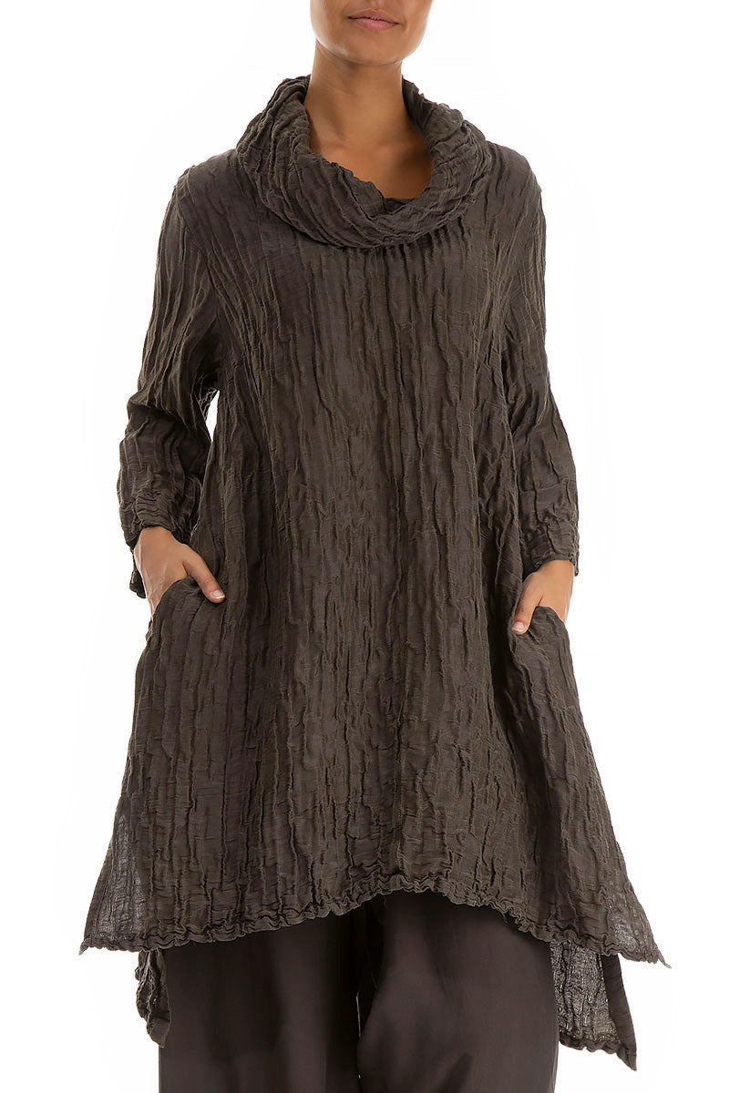 Detachable Collar Crinkled Forest Brown Silk Linen Tunic