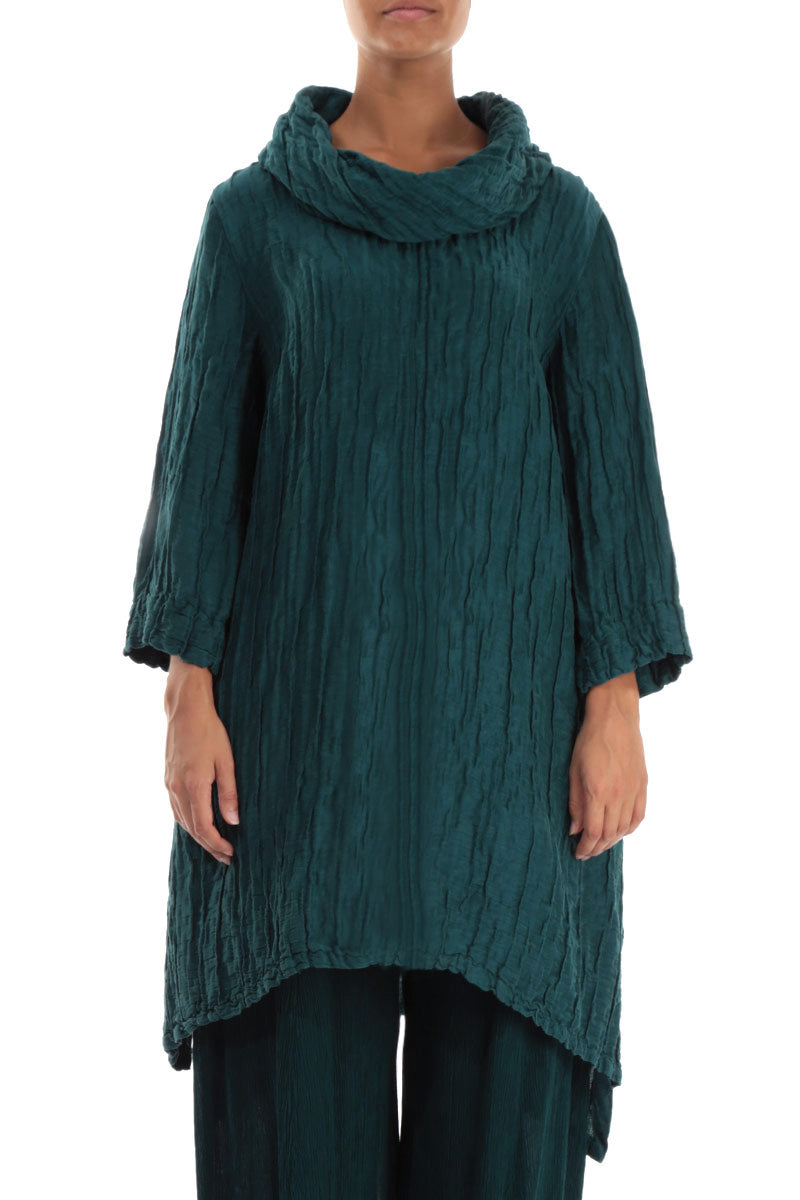 Detachable Collar Crinkled Peacock Silk Linen Tunic