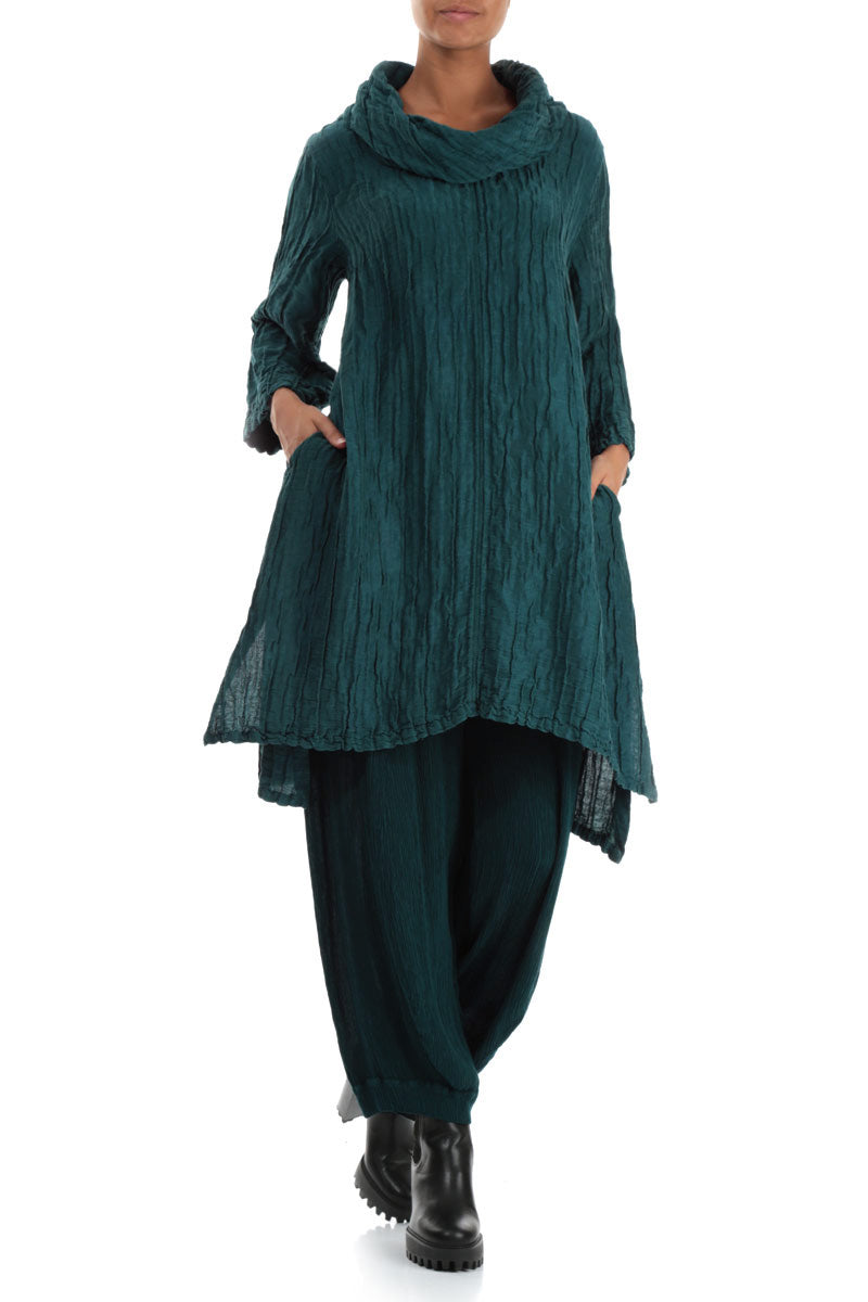 Detachable Collar Crinkled Peacock Silk Linen Tunic