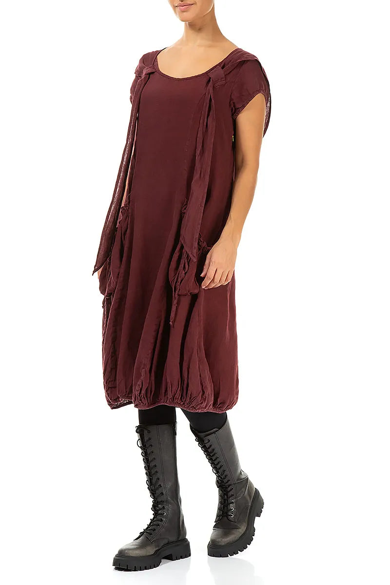 Detachable Hood Burgundy Linen Dress