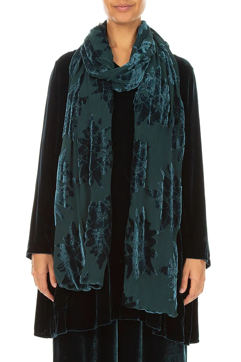 Devoré Flower Peacock Silk Velvet Scarf 1