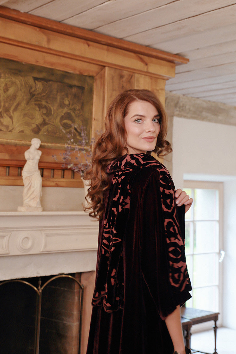 Devoré Ornament Maroon Double Silk Velvet Scarf 1