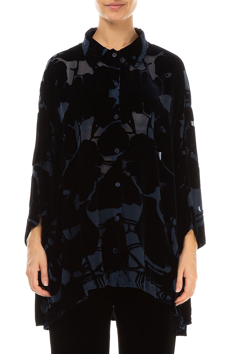 Loose Devoré Pattern Midnight Blue Silk Velvet Shirt 1