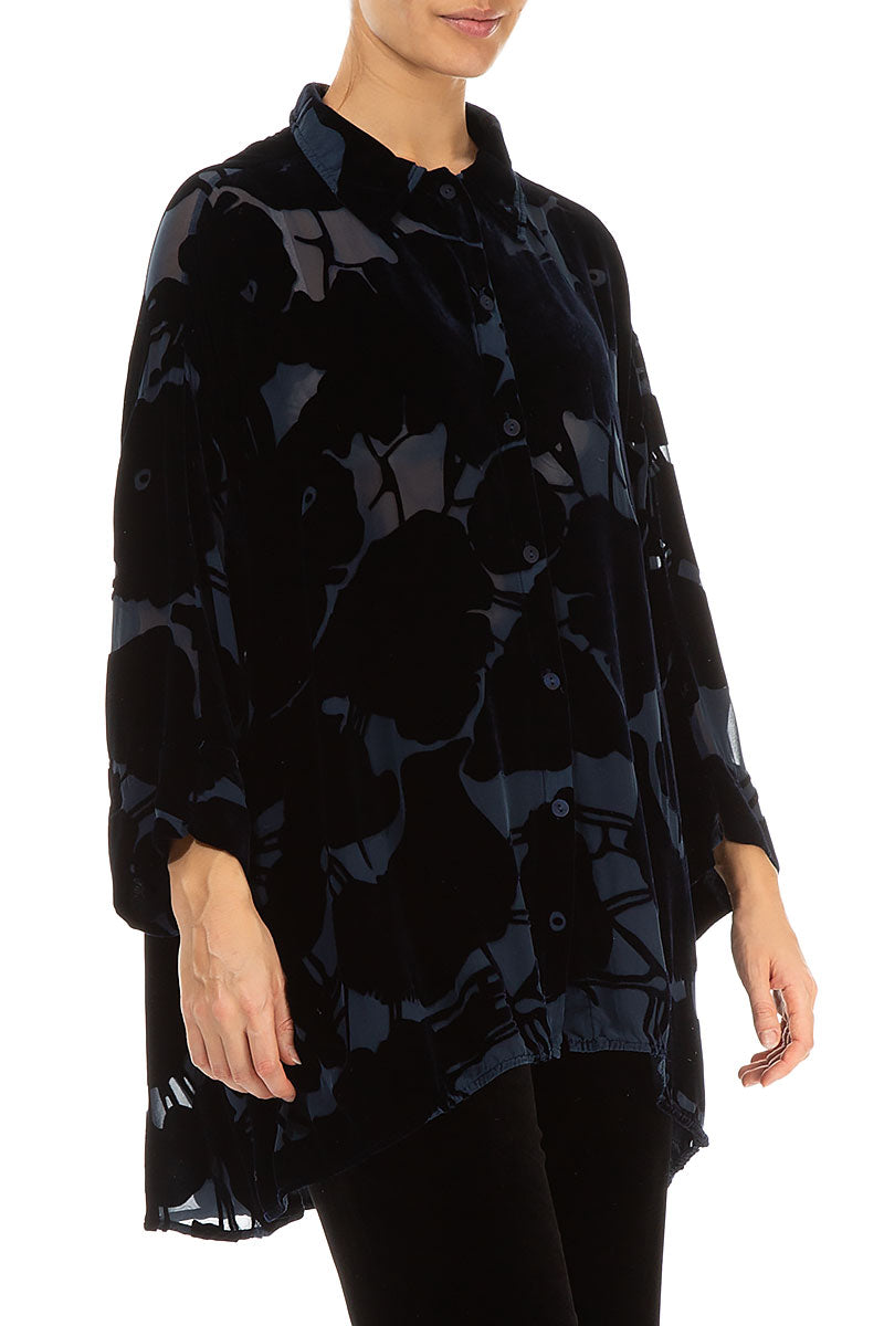 Loose Devoré Pattern Midnight Blue Silk Velvet Shirt 3