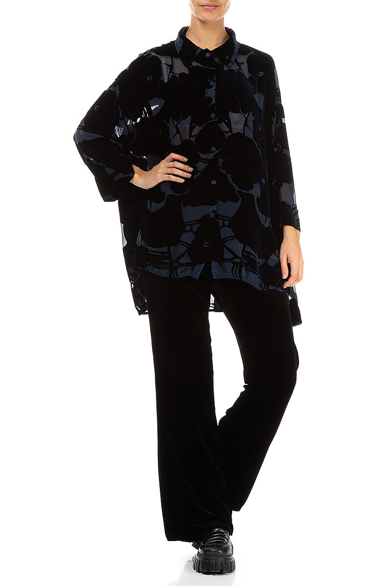Loose Devoré Pattern Midnight Blue Silk Velvet Shirt 4