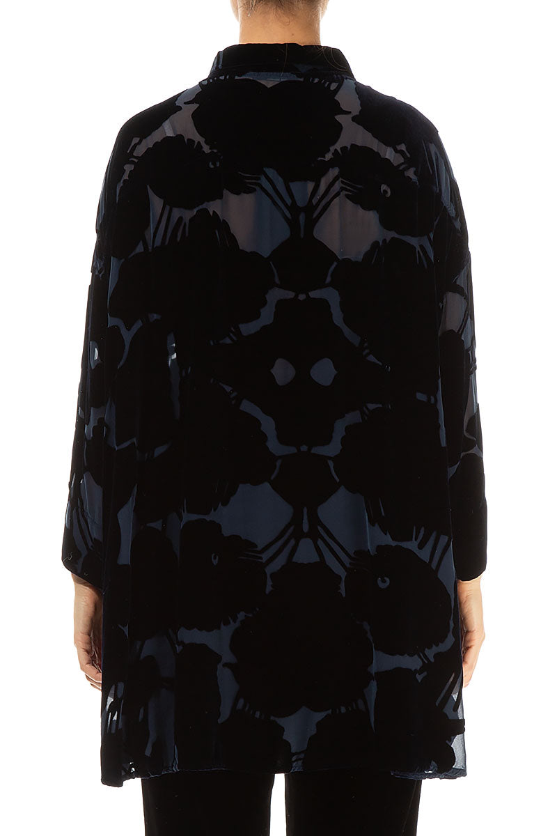 Loose Devoré Pattern Midnight Blue Silk Velvet Shirt 2