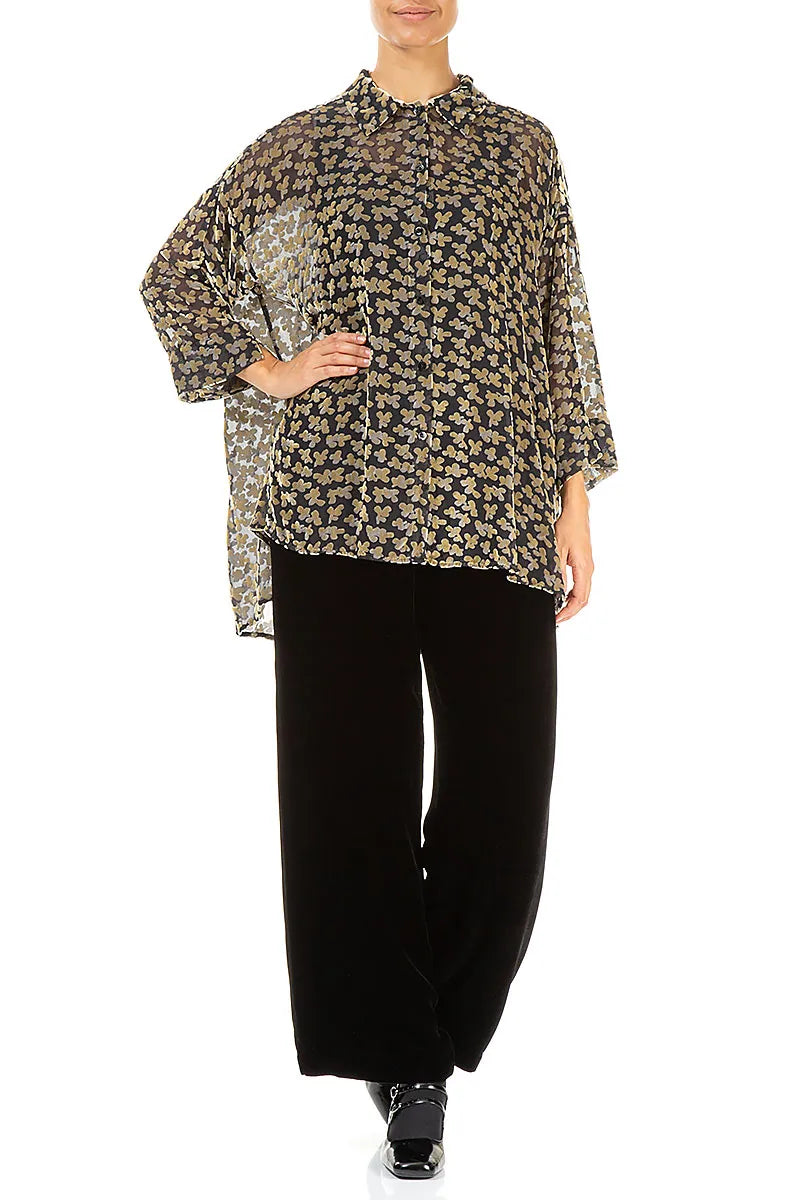 Lockeres Devoré-Blütenblatt aus goldenem Seidensamt-Hemd