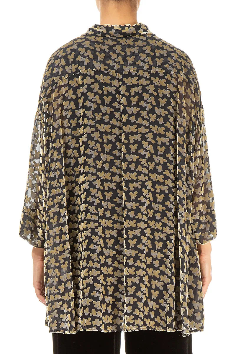 Lockeres Devoré-Blütenblatt aus goldenem Seidensamt-Hemd