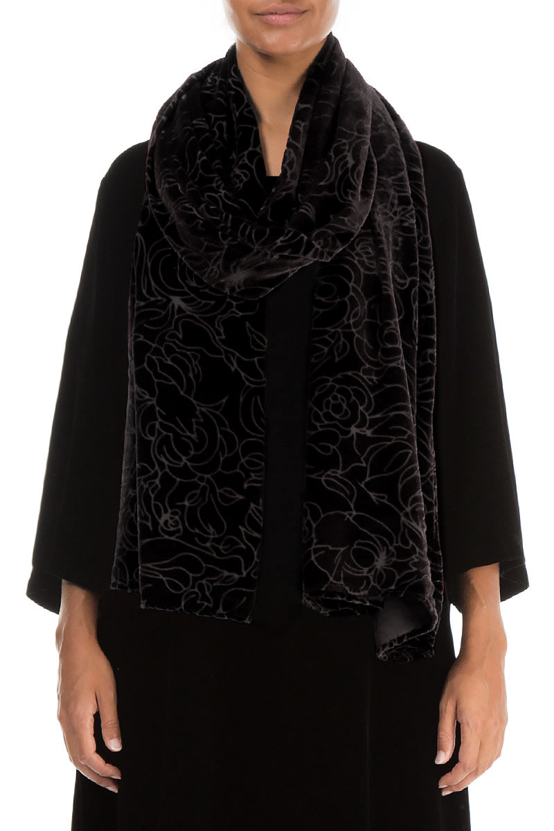 Devoré Roses Black Silk Velvet Scarf 1