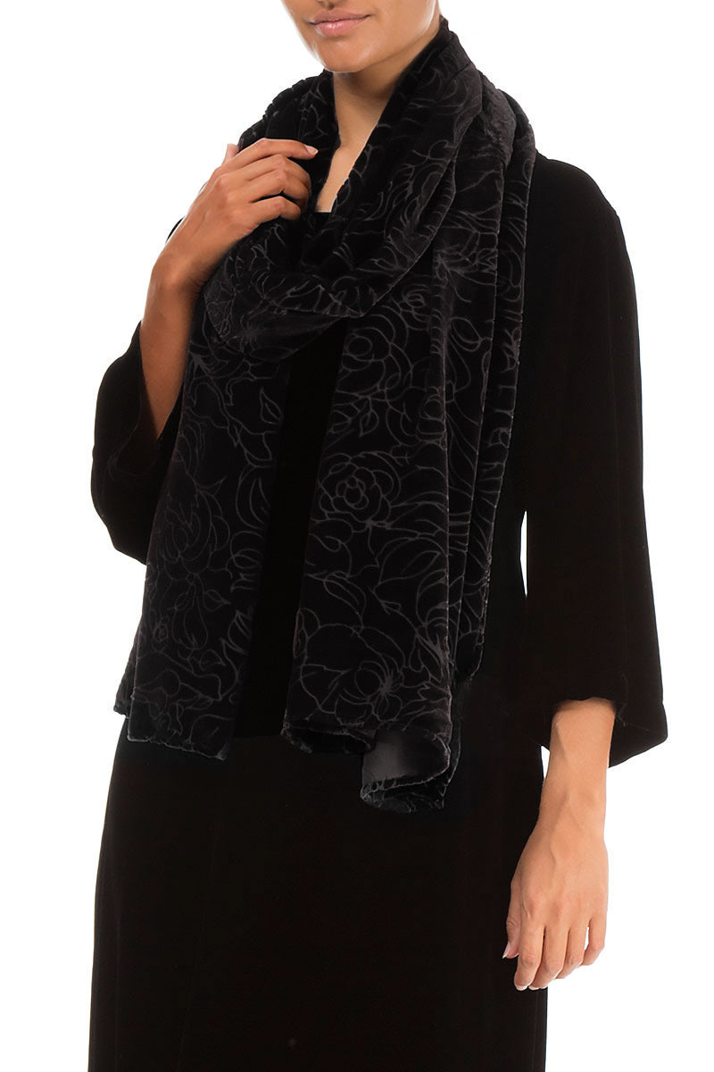 Devoré Roses Black Silk Velvet Scarf 3