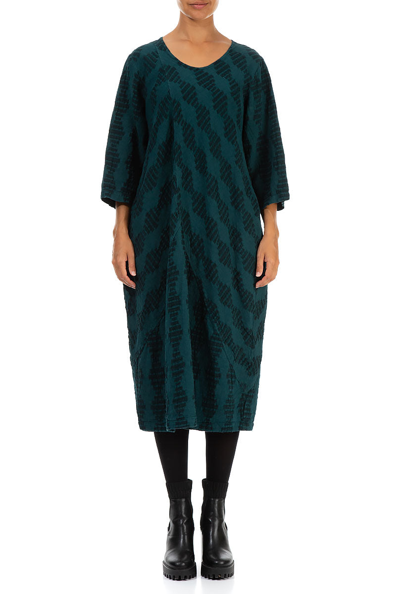 Diagonal Woven Textured Emerald Linen Dress 1