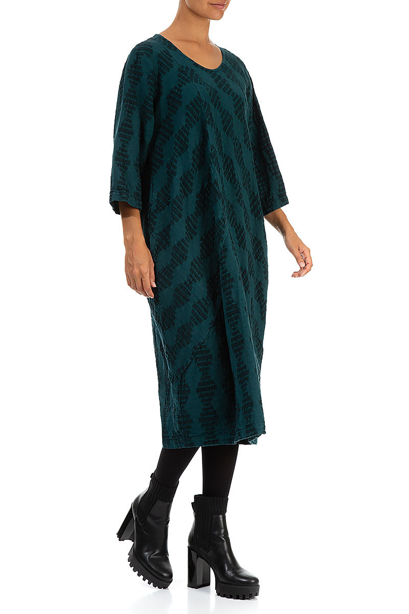 Diagonal Woven Textured Emerald Linen Dress 4