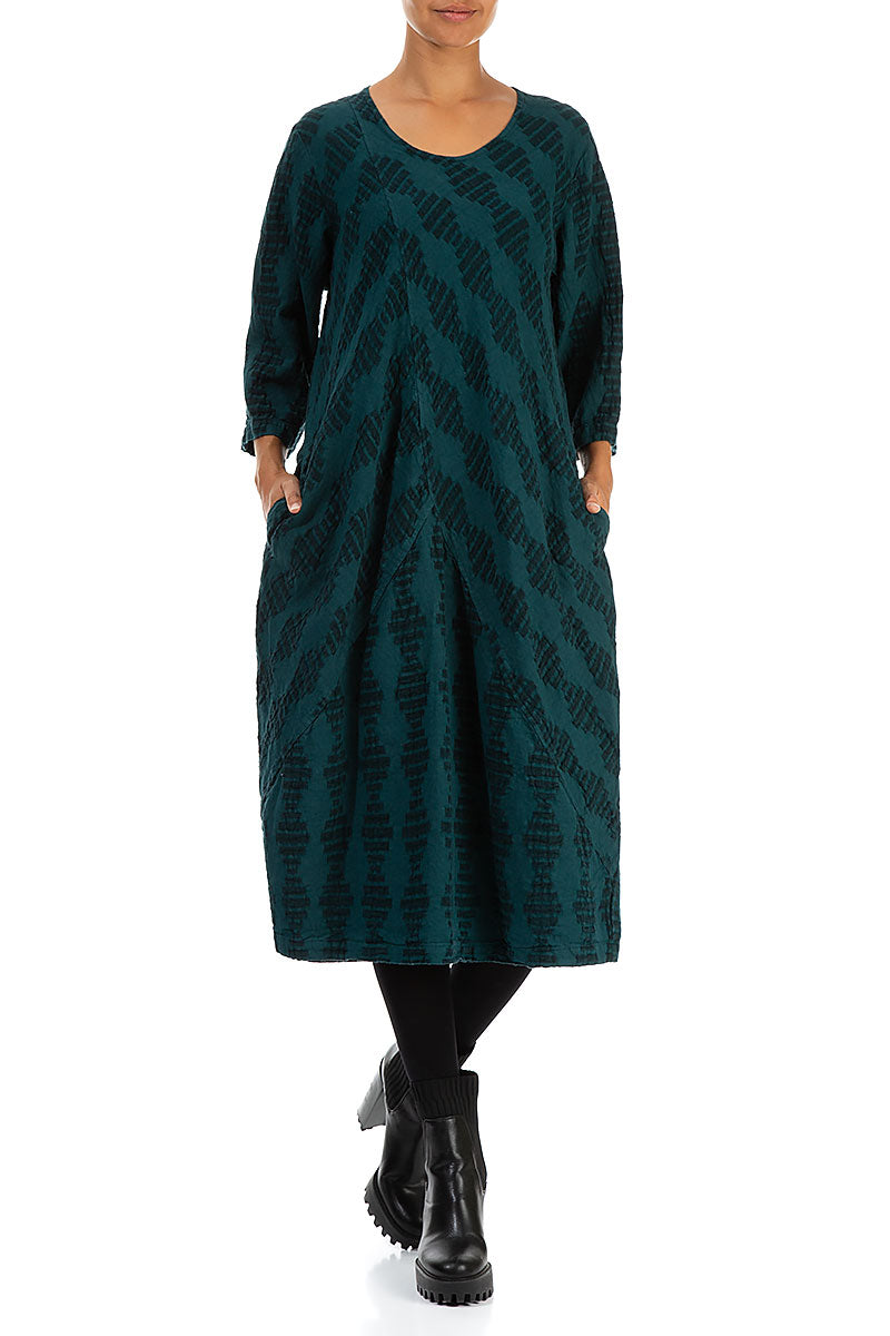 Diagonal Woven Textured Emerald Linen Dress 3