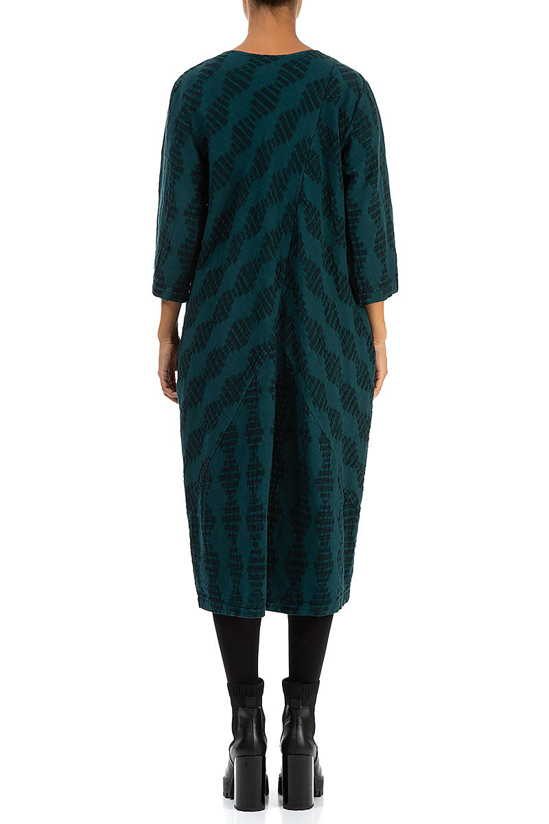 Diagonal Woven Textured Emerald Linen Dress 2