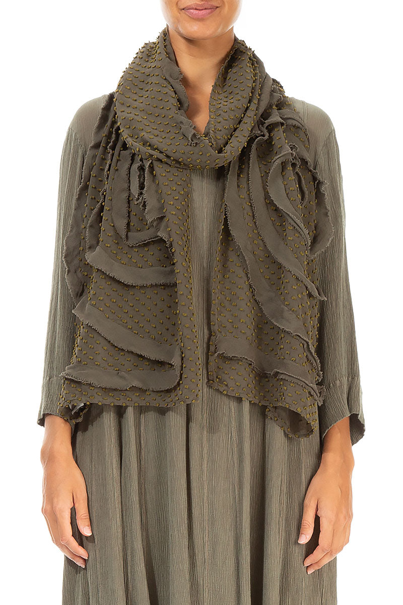 Dotty Frilly Flower Khaki Silk Scarf 1