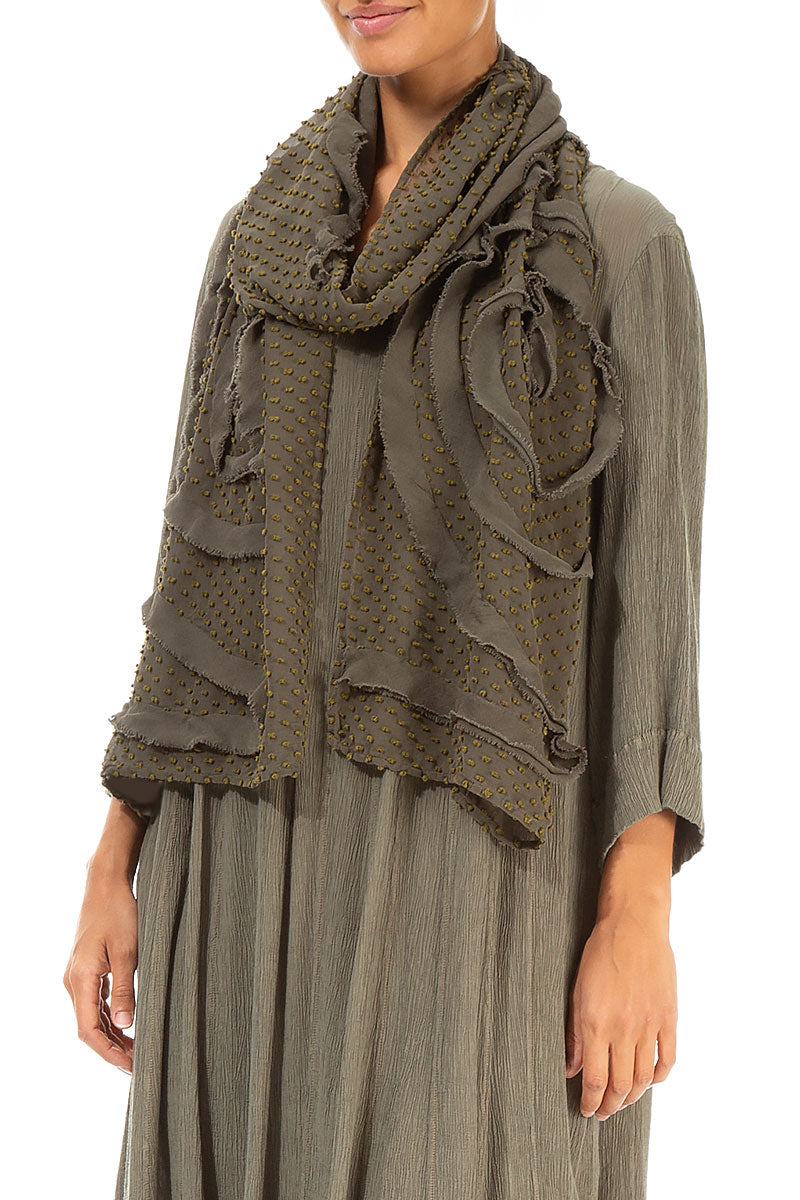 Dotty Frilly Flower Khaki Silk Scarf 3