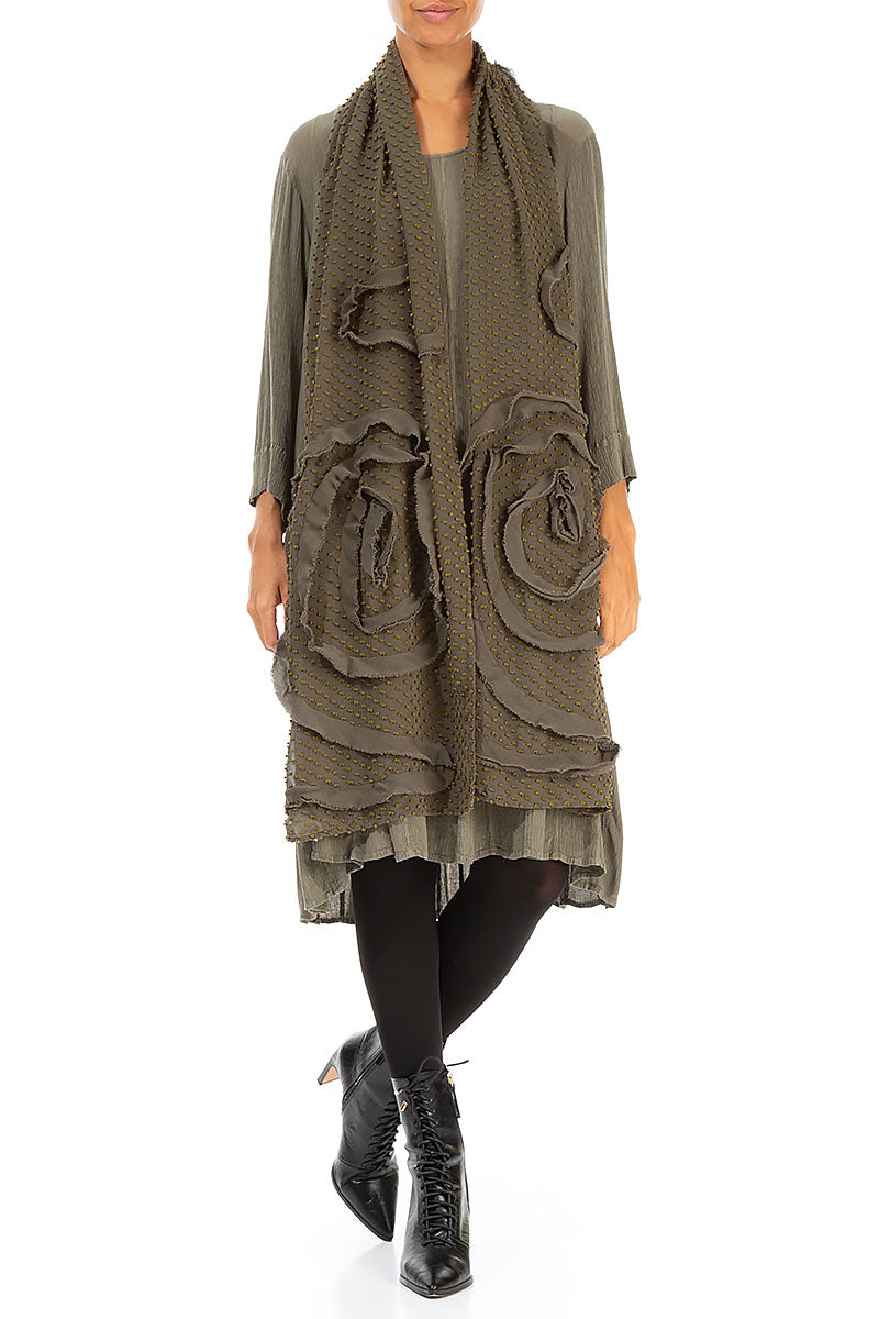 Dotty Frilly Flower Khaki Silk Scarf 2