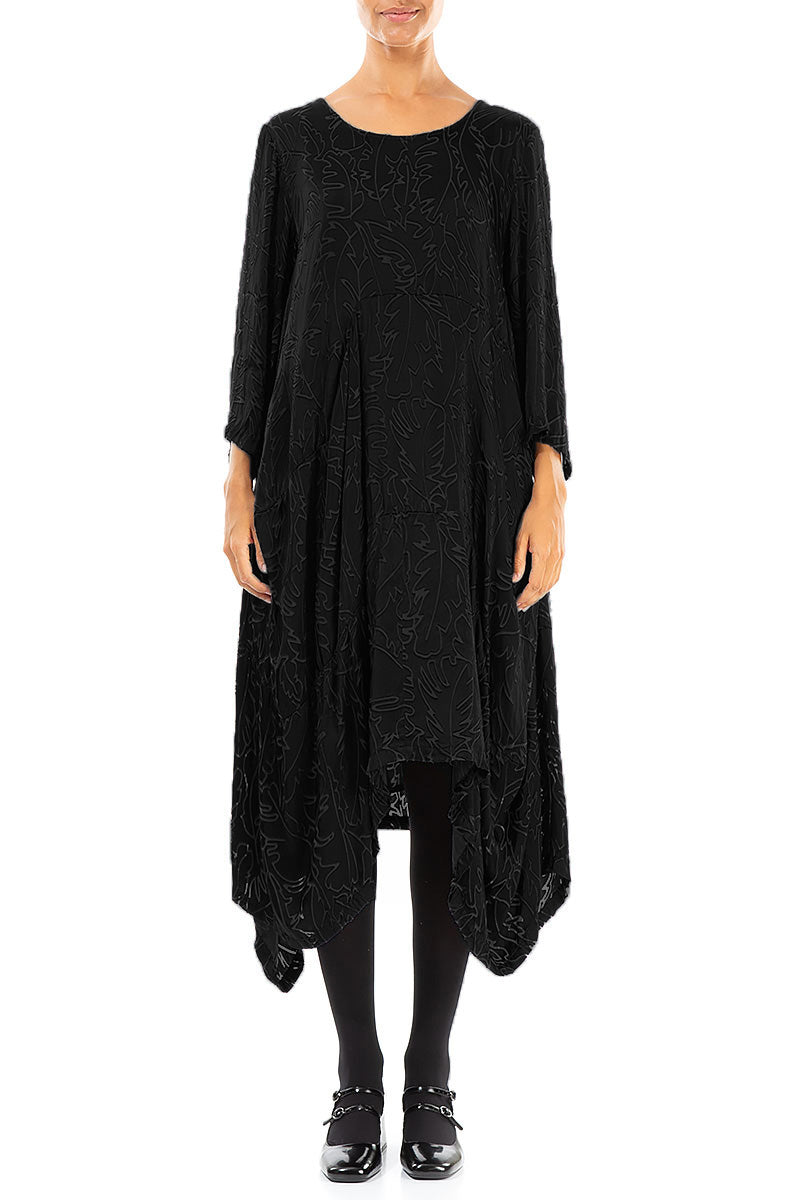 Draped Black Devoré Feather Silk Dress 1