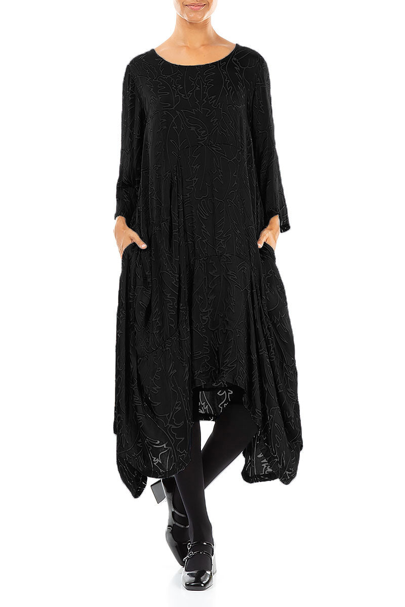 Draped Black Devoré Feather Silk Dress 4