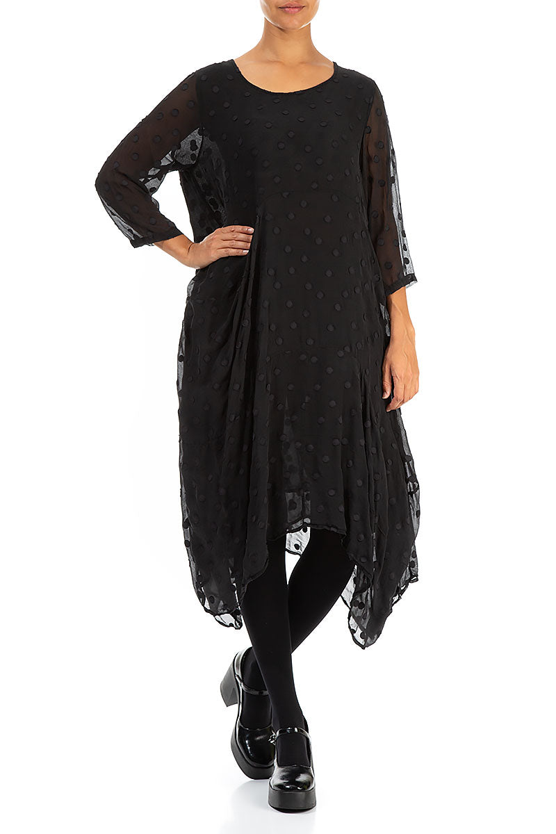 Draped Black Dotty Silk Dress 4