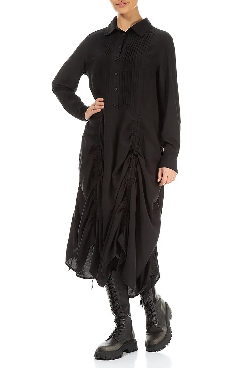 Draped Black Silk Bamboo Tuck Dress 5