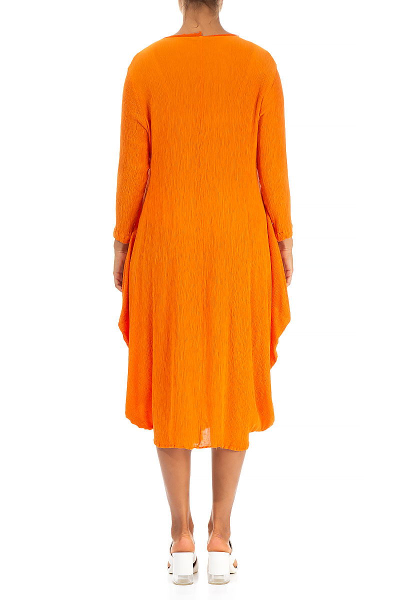 Draped Crinkled Neon Orange Silk Viscose Dress