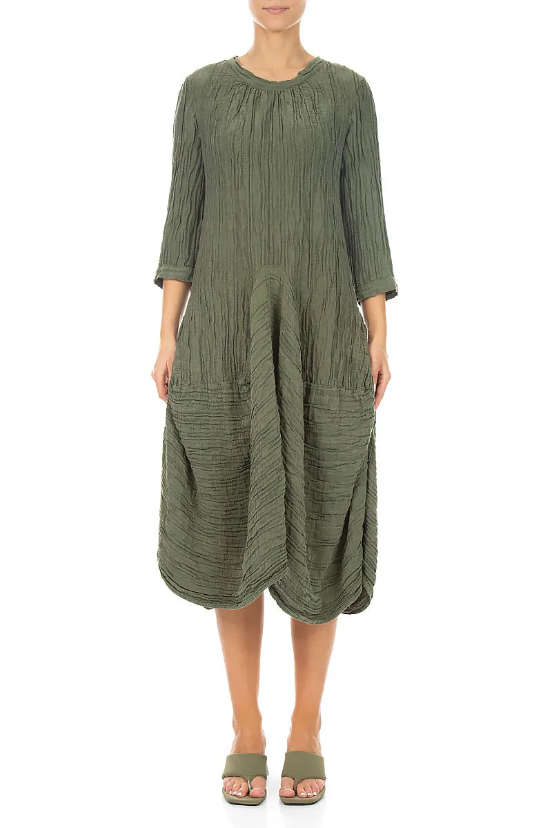 Draped Forest Mist Crinkled Silk Linen Dress 1